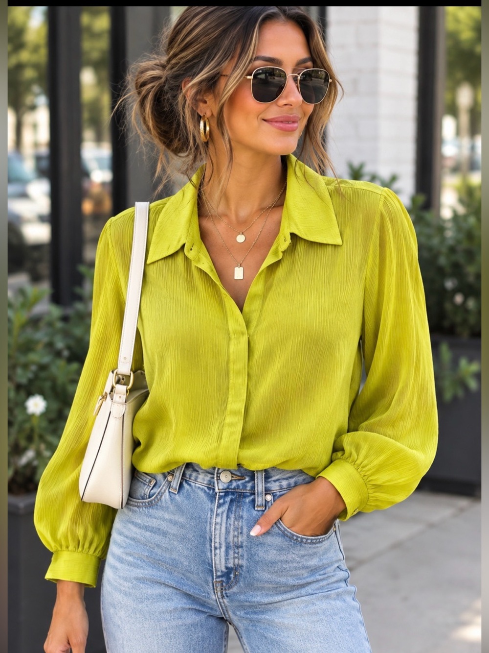 Cupcakes & Cashmere Chartreuse Silky Stretch Button Down Top